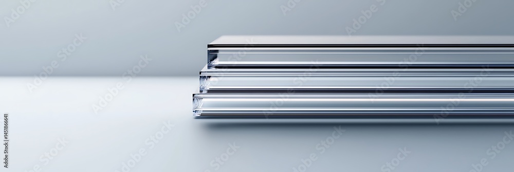 Poster three shiny metal sheets stacked neatly on a smooth, reflective surface in a minimalist setting.