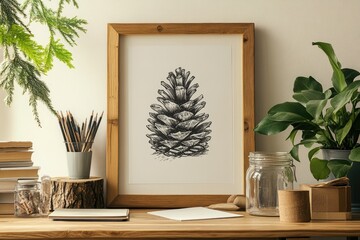 Wooden framed print of a pine cone.  Detailed drawing on white paper, sits on a wooden desk.  Surrounded by plants and other natural elements