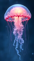 A mesmerizing illustration of a bioluminescent jellyfish gracefully drifting in the deep ocean.