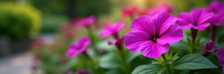 Vibrant purple petunia blooms in lush garden bed, garden, botany