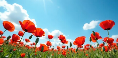 Fototapeta premium Vibrant red poppies bloom under a brilliant blue sky , landscape, summer landscape, flower field