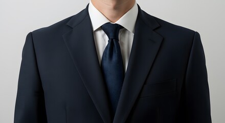 Classic Business Attire:  A close-up shot of a man in a navy blue suit and a crisp white shirt with a dark blue tie. The professional attire suggests confidence, competence, and authority.