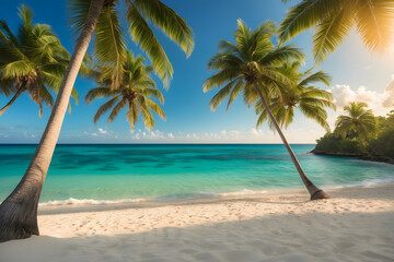 Tropical beach paradise with palm trees turquoise water and white sand