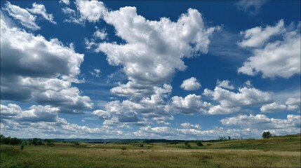 Obraz premium Puffy Clouds in a Vast Sky Over a Serene Rural Landscape