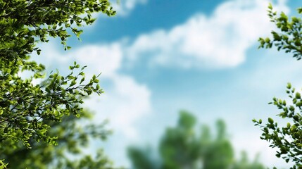 Blurred View of Summer Sky with Green Trees and Soft Cloud Background