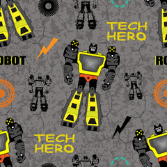 Urban seamless pattern with a yellow robot, lightning bolts, tech circles, and concrete grunge background. Includes text “TECH HERO” and “ROBOT”. Perfect for teen fashion and sci-fi projects.