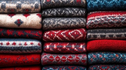 Stack of folded fair isle sweaters in red, gray, and blue.