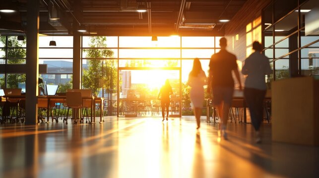 Modern office space at sunset. People walking through a bright, open-plan workspace