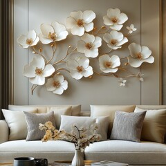 White floral wall art above sofa, modern living room interior design
