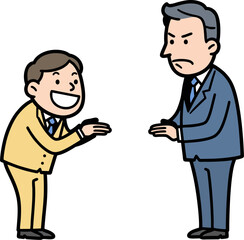 Cartoon Vector of Obsequious Employee Bowing to Angry Boss – Sycophantic Workplace Behavior Illustration
