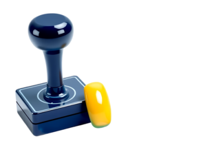 Close-up of a blue stamp with an ink pad for approval.