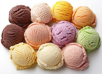 Fototapeta premium Colorful assortment of ice cream scoops arranged neatly on a white surface