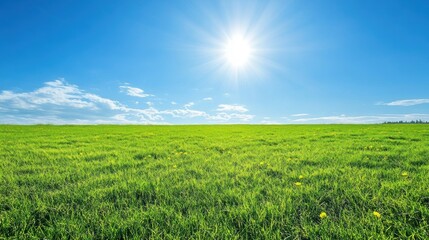 Sunny day, vibrant green field, blue sky, fluffy clouds.
