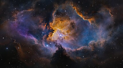 Fototapeta premium Vast nebula swirls in vibrant cosmic colors, dotted with distant stars. Intricate patterns of gas and dust, deep space