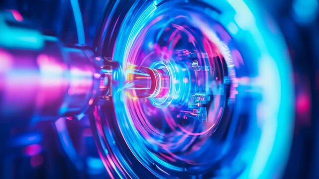 Cybernetic core with swirling pink & blue light. Rings and circuits radiate electric energy in an abstract, futuristic motion graphic