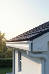 Modern House Exterior Featuring Seamless Gutters and Dark Roof Tiles Under a Serene Sunset Sky