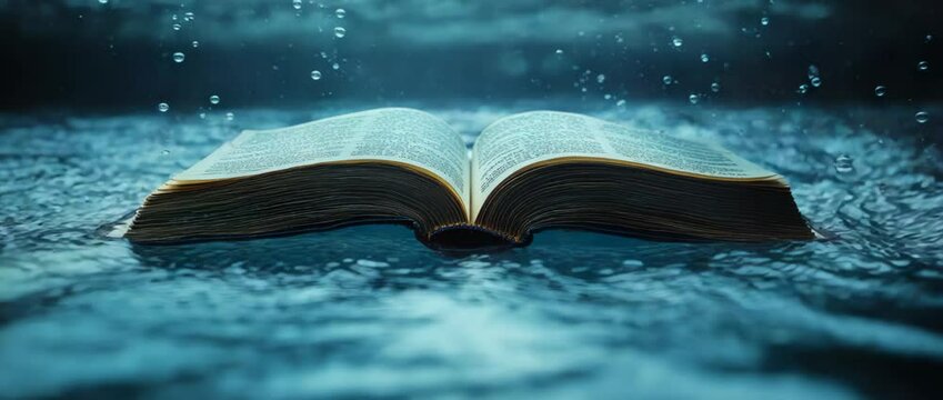 A Bible is open in a body of water. The water is blue and the book is partially submerged