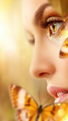 Close-Up of a Beautiful Woman's Face with Butterfly in a Dreamy Double Exposure Metamorphosis Effect in Soft Golden Light