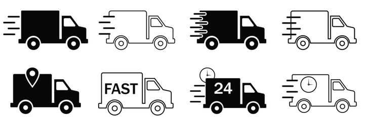 Express Delivery Truck Icons Set – Fast Shipping Van, Courier Parcel, and Logistics Service Vector Illustration