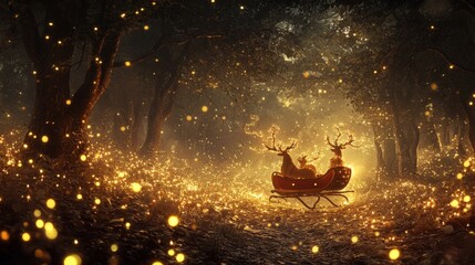 Naklejka premium Sparkling Christmas sleigh ride through a magical forest.