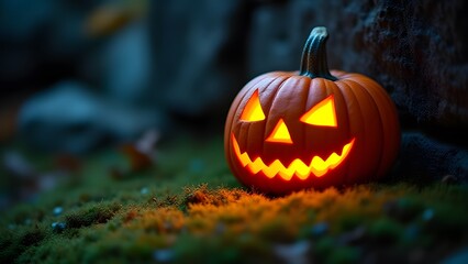 Spooky Halloween Jack O Lantern Pumpkin in Moss