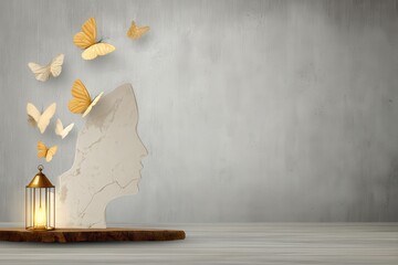 Ethereal Transformation of a Marble Profile Surrounded by Floating Butterflies in a Minimalist Setting