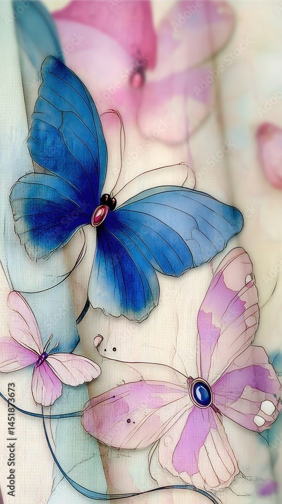 Poster elegant butterflies in metamorphosis displaying double exposure with soft colors and delicate patter