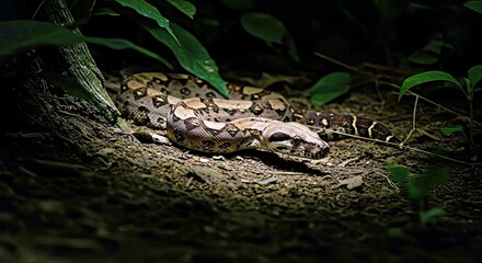 Fototapeta premium Wild Boa Constrictor In Dark Environment Hints At Nocturnal Behavior