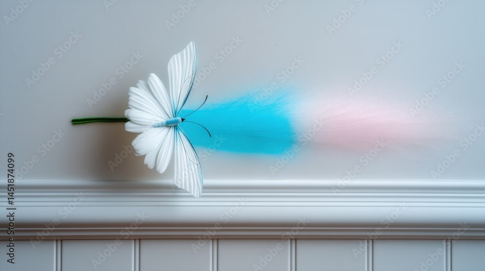 Poster ethereal butterfly with colorful tail representing metamorphosis in double exposure style