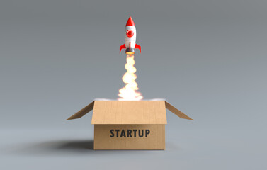 Rocket launching from startup box. 3D illustration