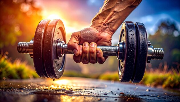 The grip on the weights symbolizes dedication to fitness.  