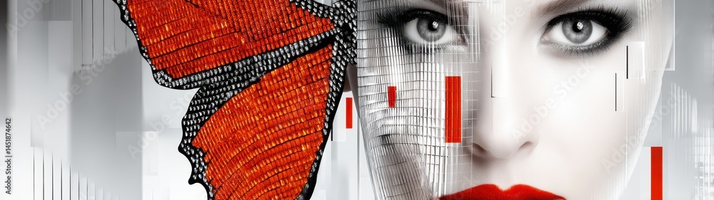 Poster artistic representation of butterfly metamorphosis in a double exposure featuring a face with unique