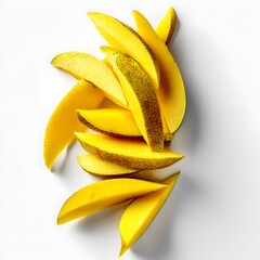 Exotic fruit, mango slices against a white background. Overhead view 
