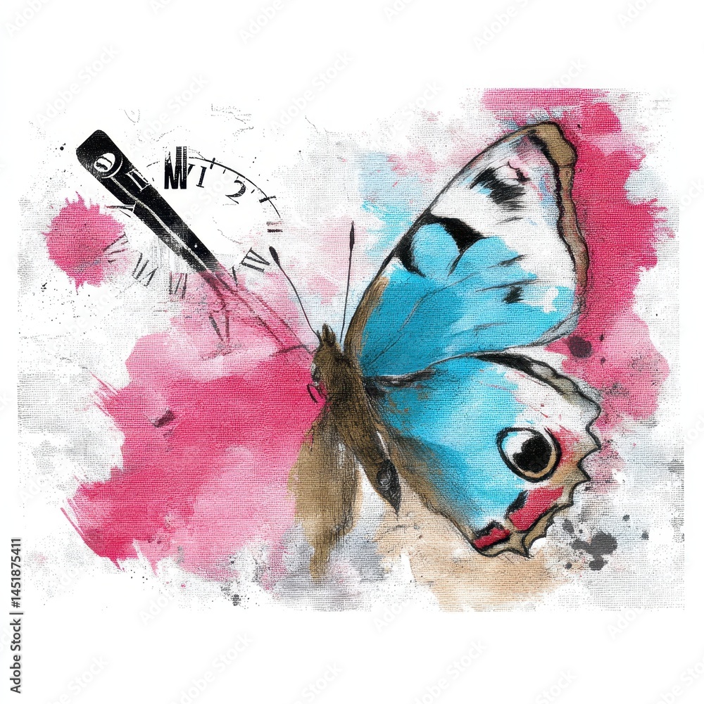 Poster delicate butterfly metamorphosis in abstract art featuring a dancer and colorful double exposure ele