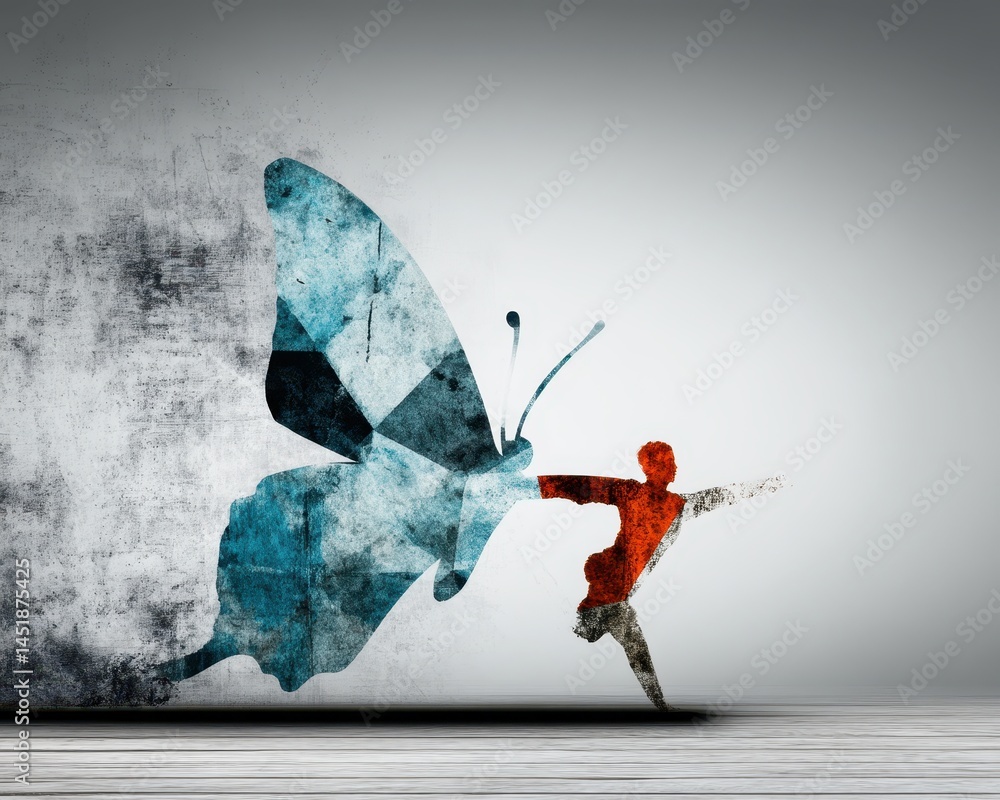 Poster a vibrant dancer emerging from a colorful butterfly in a unique metamorphosis concept of transformat