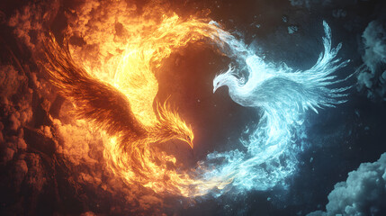 A fiery orange phoenix and an icy blue phoenix are intertwined in a dynamic circular composition against a cloudy backdrop.