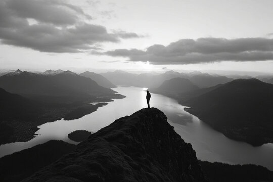 Misty dawn over tranquil waters with mountain views and a solitary figure standing on a rocky outcrop - Powered by Adobe