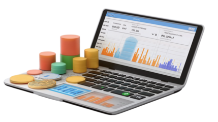 Floating crypto tax reporting dashboard summarizing capital gains, isolated, PNG format, transparent background. Varient 5
