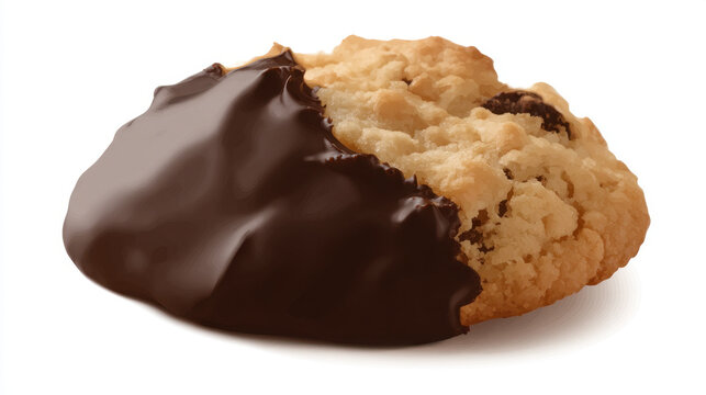 Chocolate dipped cookie on white background. Delicious snack element