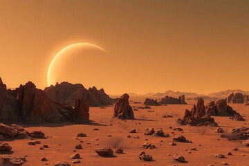 Alien Planet Landscape with Crescent Sun and Rocky Desert