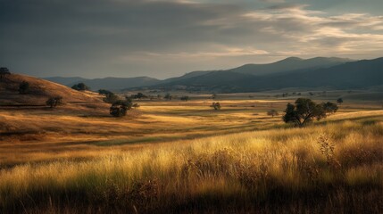 Obraz premium Rolling fields of meadow grass glow under the golden sunlight
