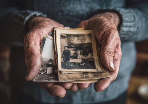 An elderly individual grips a stack of vintage photographs, displaying a mix of personal memories. The aged hands convey stories of past generations, evoking nostalgia and warmth