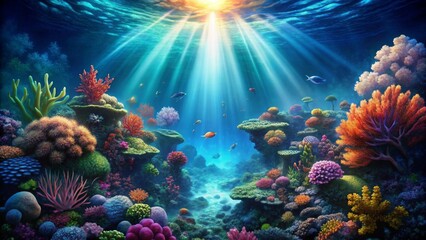 Naklejka premium Vibrant Underwater Seascape Sunbeams Illuminate a Lush Coral Reef Ecosystem with Diverse Marine Life