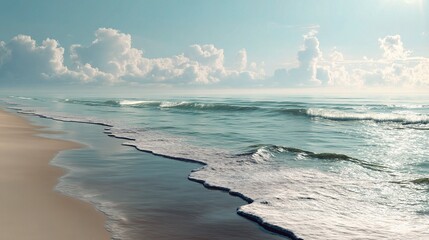 Obraz premium Tranquil Beach Scene with Soft Waves and Calm Water on Horizon