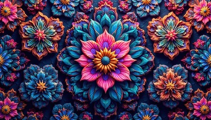 Intricate floral hexagon pattern, vibrant hues, floral, repeat
