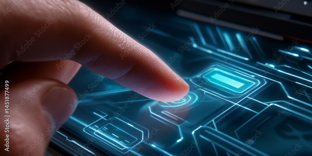 Poster Finger touches virtual screen in high-tech interaction Generative AI