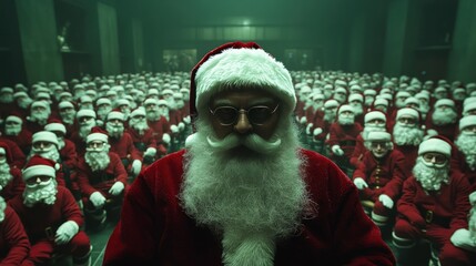 Santa Claus surrounded by many identical Santas