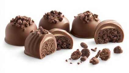 Assortment of round chocolate truffles,  studded with chocolate chips,  some sliced open to reveal creamy filling