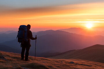 Hiker enjoying a breathtaking sunset view from the mountain summit after a challenging trek