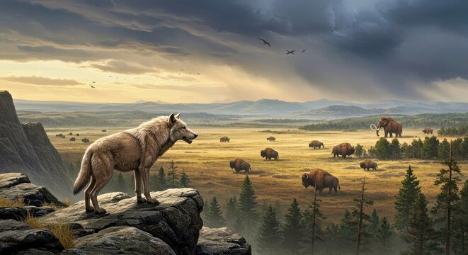 Dire Wolf On Rocky Outcrop Overlooking Pleistocene Landscape